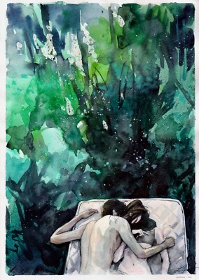 Original Watercolor Painting Romantic Wall Art Lovers Watercolor Painting