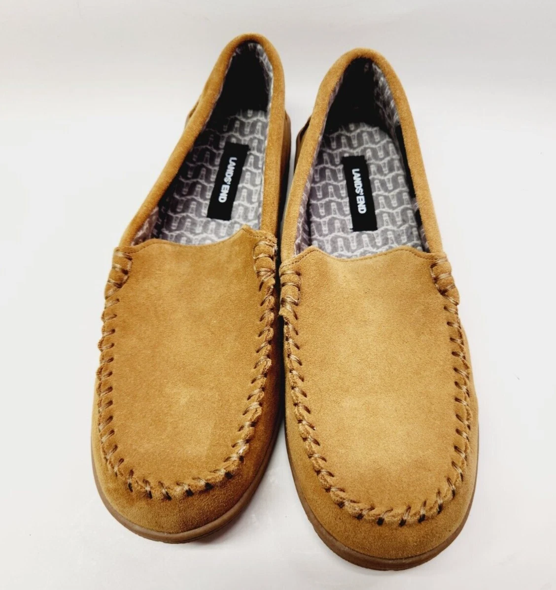LANDS END MENS SUEDE LEATHER MOCCASIN SLIPPERS SIZE 9 ENGLISH TAN