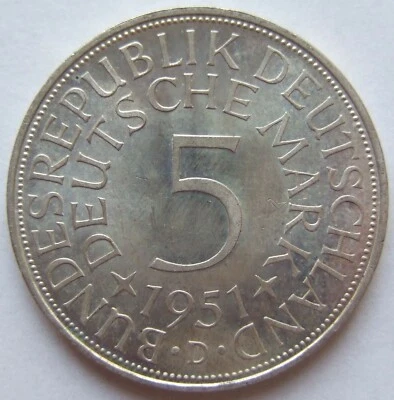Münze BRD Silberadler Erstabschlag 5 Deutsche Mark 1951 D in fast Stempelglanz - Bild 1 von 2