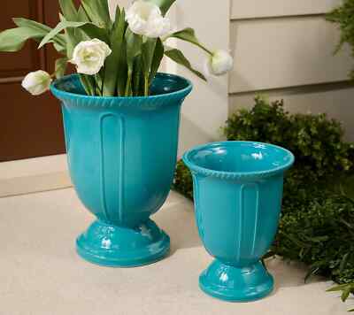 Garden Reflections S/2 Staggered Height Ceramic Urn Planters-Teal M99385 NEW
