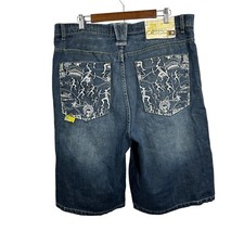 AKADEMIKS Vintage Jean Shorts Embroidered Skater Hip Hop Jorts Baggy Sz 40