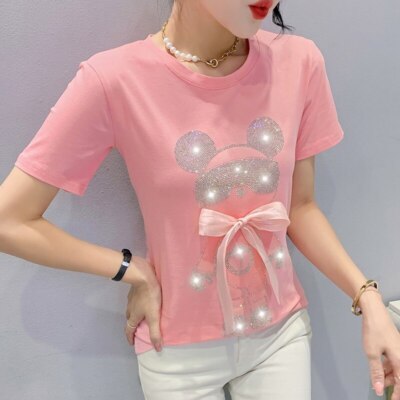 New Women Bear Cotton Diamonds Hot Drill Rhinestones Summer Short Sleeve T-Shirt
