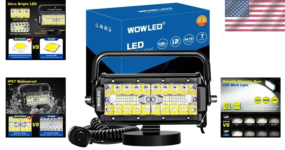 LED Work Light Bar 48W Magnetic Mount Flood Spot Camping Car SUV Boat - Image 2 of 4