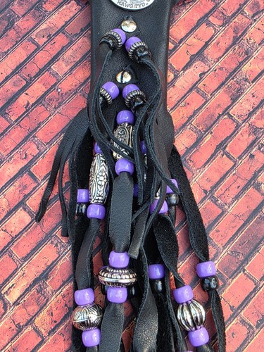 HAWG TYD Leather Hair Wrap Black 3 Snap Ponytail Barrette Skulls EUC purple - Picture 3 of 7
