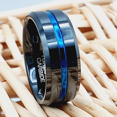 Black Tungsten Ring for Him   Blue Groove Custom Engraved Men s Anniversary Band
