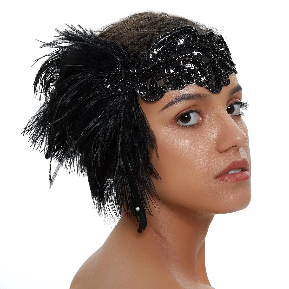 1920S Flapper Headband Vintage Black Feather Headpiece with Sequin Beads  Roaring | eBay