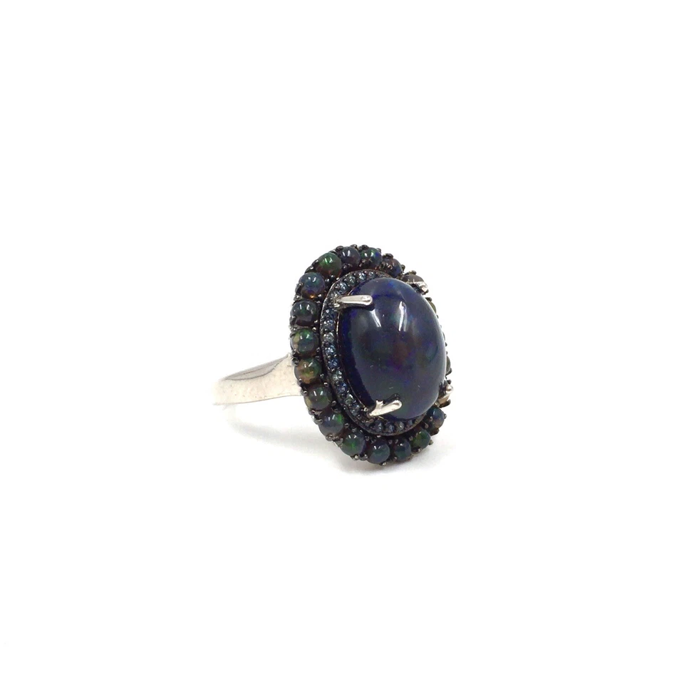 Anello in argento sterling 925 opale nero 5,76 ct opale pieno topazio blu 17,... - Immagine 3 di 4