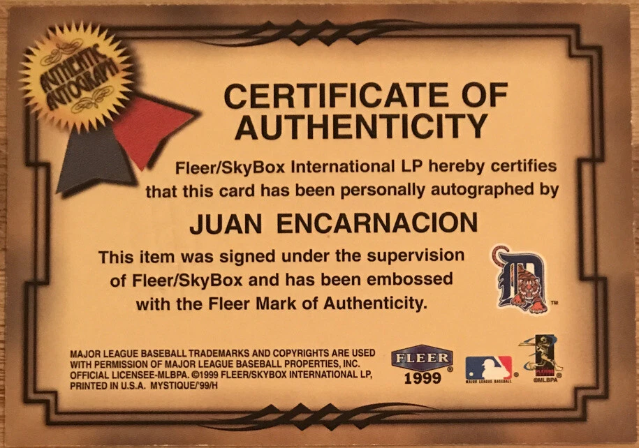 1999 Fleer Mystique Fresh Ink Juan Encarnacion #13 Detroit Tigers #’d 0682/1000 - Image 2 of 2