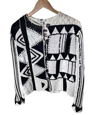 Sandy Starkman Bold Geometry Patchwork Tribal Print Jacket Sz L Black White READ