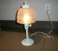 Antique Boudoir Lamp, Reverse Painted Shade. Pale Blue Cast Iron
