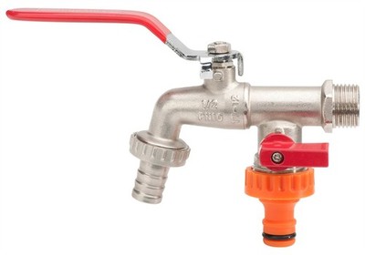 Gartenventil Doppel Außen Wasserhahn roter Griff 1/2 x 3/4 x 3/4