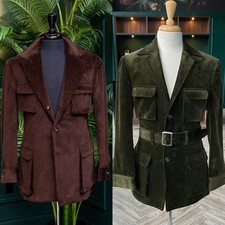 Vintage Men's Safari Jackets with Belt Hunting Coats Retro Corduroy Man Jackets