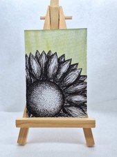 ACEOS Original Sketch - Sunflower by Kyara Black White Watercolor Pointillism