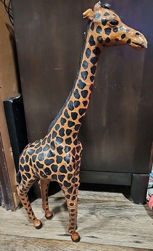 Giraffe Paper Mache Leather Glass Eyes Vtg Large African Safari Animals 23"