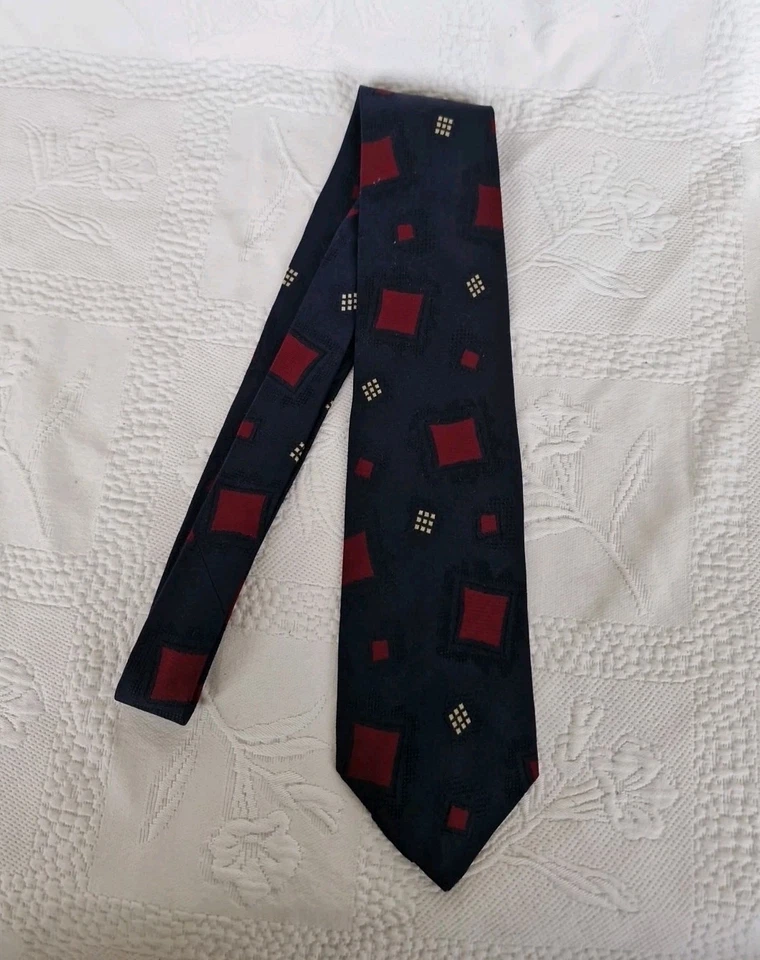 Vintage Navy Blue Geometric Print Polo By Ralph Lauren Handmade Silk Tie. - Image 3 of 4