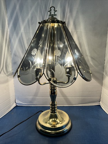 Vintage Touch Lamp Light Hummingbird Flowers Etched Smoked Glass Gold Tone