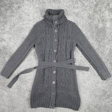 Sutherland Chunky Knit Cardigan Grey Long Belted Size Medium Women's Turtle Neck