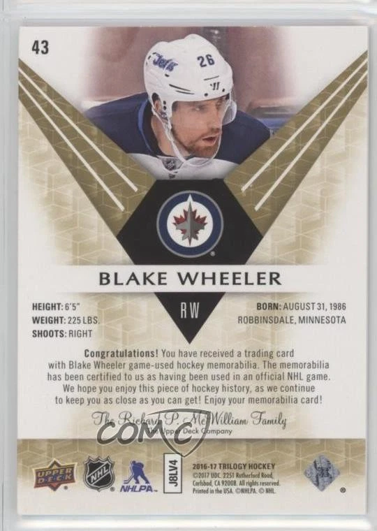 2016-17 Upper Deck Trilogy Green Relics /440 Blake Wheeler #43 - Image 2 of 2