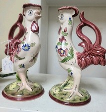 Coppia statuine ceramica pollo gallo vintage CAPODIMONTE, ITALIA 10"