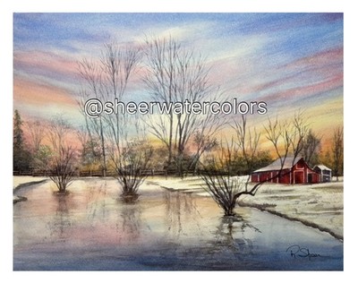 Sheerwatercolors Original Painting Red Barn Sunrise Edgewood Washington 11x14