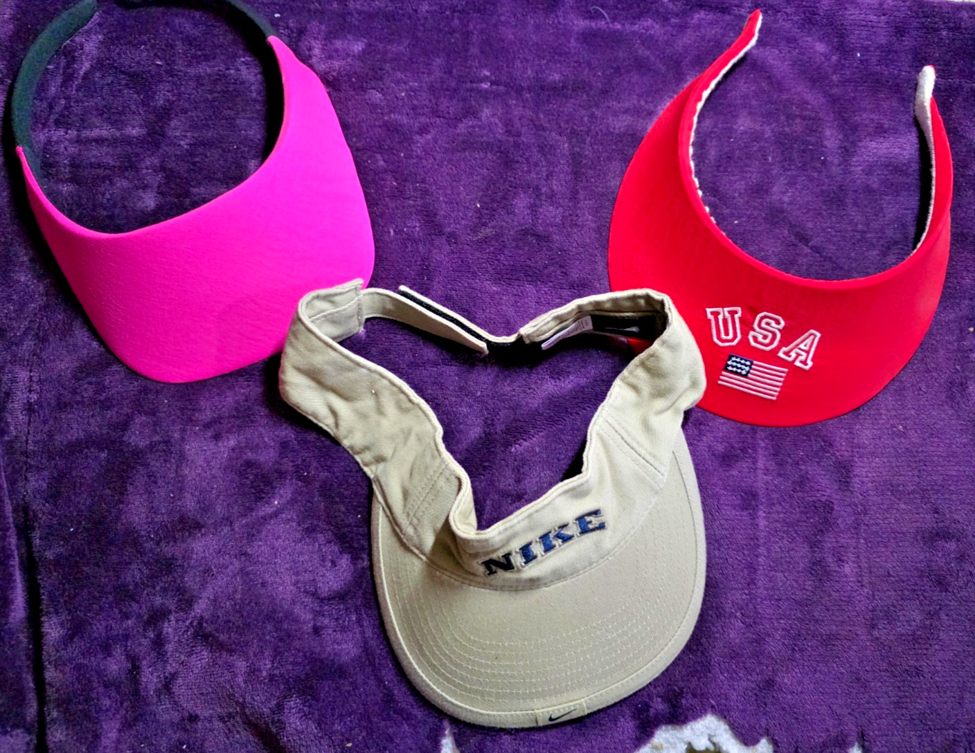 Lot of 3 Visors Nike, USA ~ Khaki, Red, Pink ~ Adjustable Tennis Golf Sun Hats