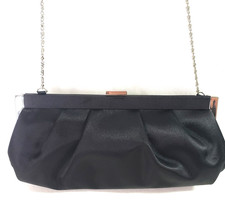 Evening Bag Clutch Purse Black Satin w/ Silver Chain Snap Closure Pleated
