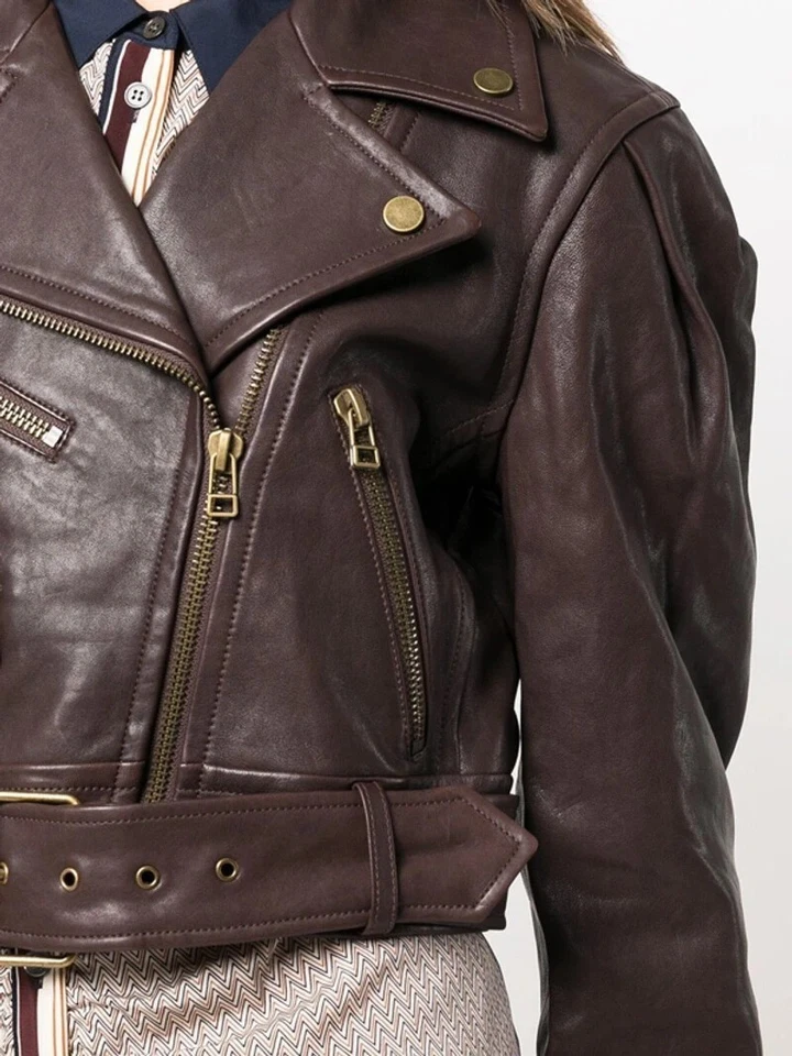 Women's Cropped Belted-waist Sheepskin Leather Jacket In Brown - Image 4 of 4