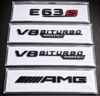 NEU GLANZ SCHWARZ E63S AMG V8 BITURBO 4MATIC + W212 W213 BADGE EMBLEM SET