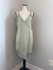 Lulus Wrap Dress Large Sage Green Satin Mini Spaghetti Strap Asymmetrical Hem