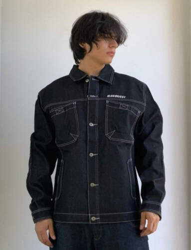 Herren Davoucci Schwarz | Himmelblau Nähte Freizeit Jeansjacke Neu mit Etikett - Bild 4 von 6