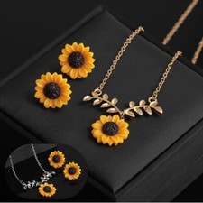 Fashion Cute Sunflower Leaf Necklace  Stud Earrings Jewelry Set Women  Girls