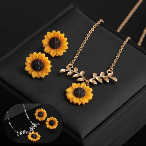 Fashion Cute Sunflower Leaf Necklace & Stud Earrings Jewelry Set Women & Girls - Picture 1 of 7