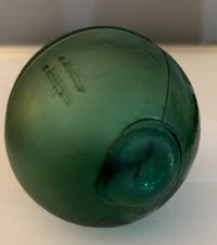 Great Vintage Green Japanese Handblown Glass Fishing Float 3" Makers Mark (2)