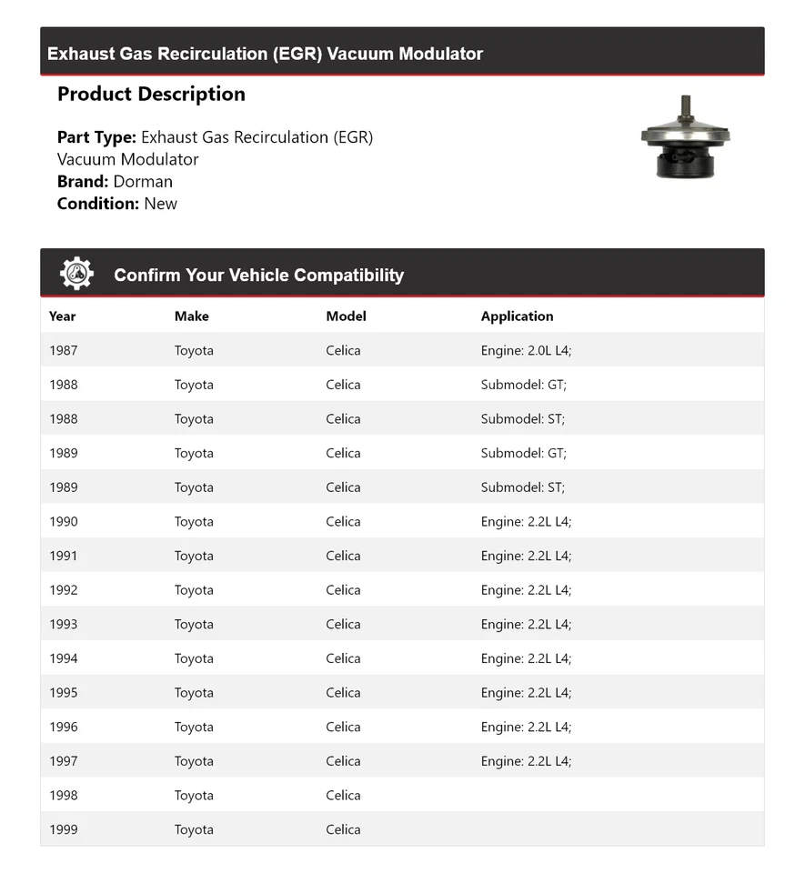 Modulador de vacío EGR 1987-1999 Toyota Celica Dorman 1988 1989 1990 1991 1992 Foto 2 de 4
