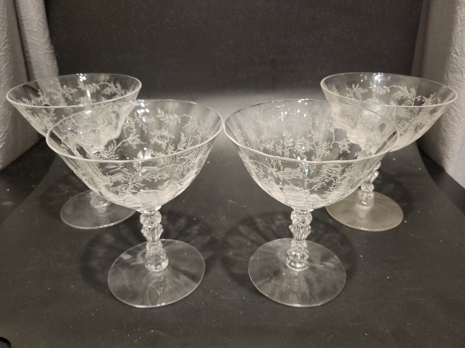 4 Fostoria Chintz Elegant Crystal Etched 4 3/8" Low Champagne Sherbet Glasses