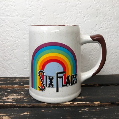 Six Flags Mug Cup Coffee Tea Beer Drinking Rainbow Vintage Collectible Korea 5''
