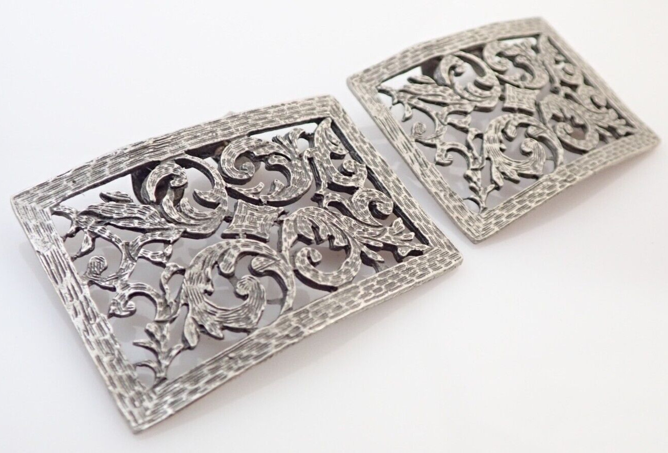 Pair of Vintage Filigree Cut Out Silver Tone Shoe Buckles Clips