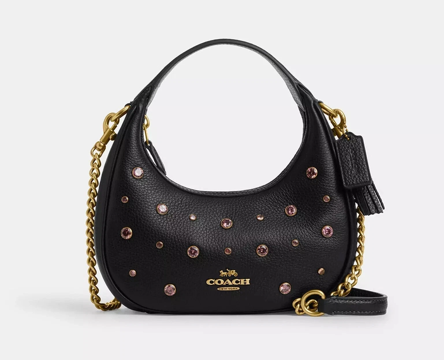NUOVO! + ETICHETTE! BORSA COACH DONNA PELLE CRISTALLI BORCHIATA TRACOLLA NERA CAK87