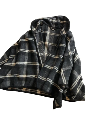 Cherokee Plaid Checkered Wool Blend Shawl Collar Poncho Black White Warm! XL - Image 1 of 4