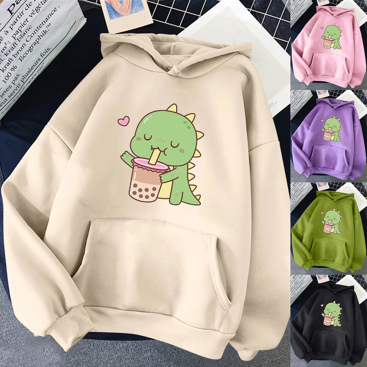 Women Long Sleeve Printed Dinosaur Hooded Sweatshirt Patchwork Pullover Blouse