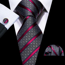 Grey & Red Striped Mens Tie Classic Necktie Pocket Square Cufflinks Set Formal