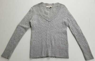Ann Taylor LOFT Womens Petite V-Neck Metallic Cable Knit Wool