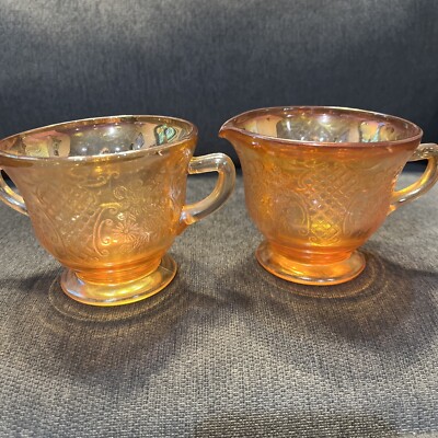 Vintage Federal Marigold Normandie Carnival Glass Creamer And Sugar Cup 