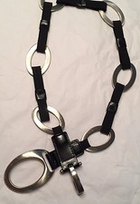 Vtg Black Flat Bow  Oval Link Stretch Belt 3" Oval Off Set Buckle  Hook 33"