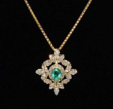 2Ct Round Cut Green Emerald Halo Unique Pendant 14K Yellow Gold Over Free Chain