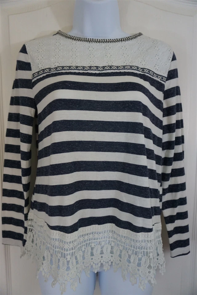 Camisa Top Altar'd State Azul Blanco Rayas Ojales Encaje Talla M