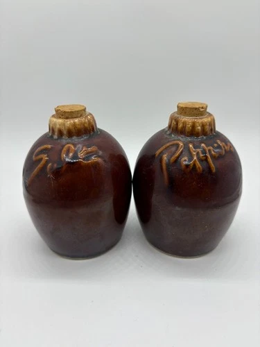 Vintage Hull Brown Glaze Drip Ware Salt Pepper Shakers Set with Original Cork 4"
