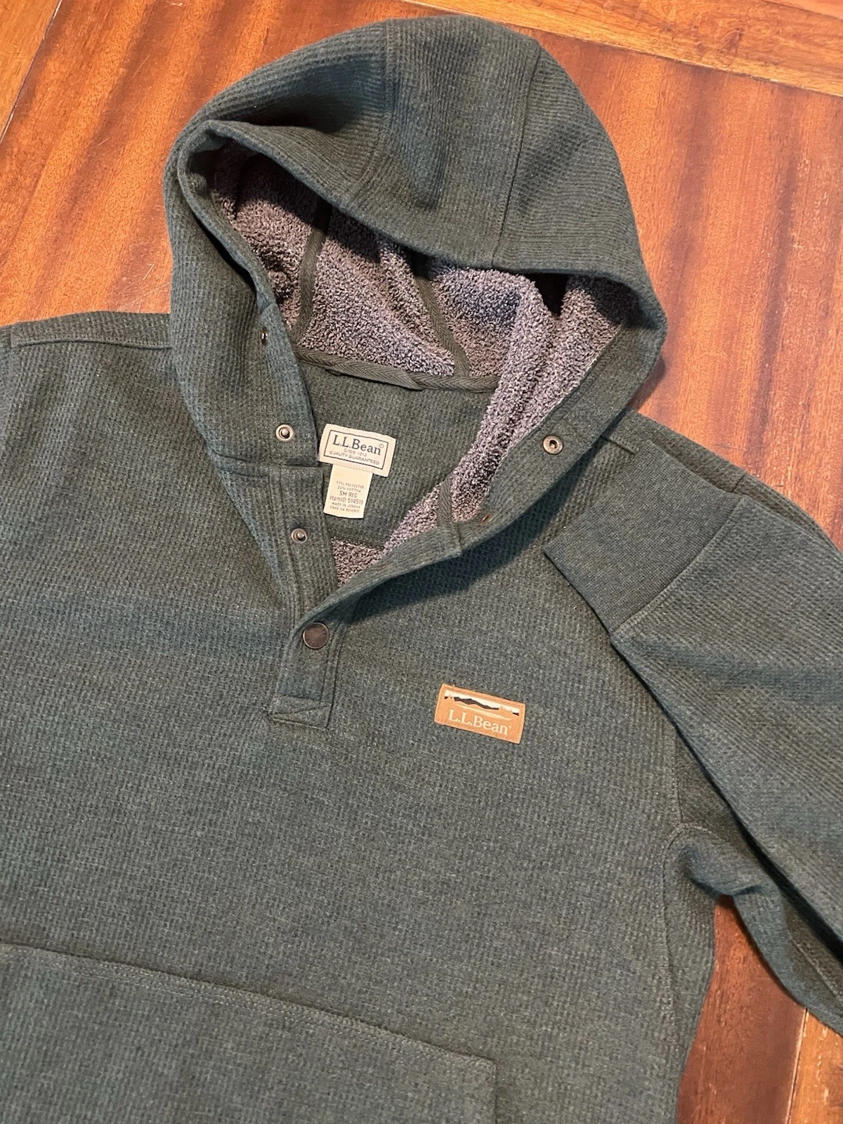 LL Bean Hoodie Mens Small Katahdin Waffle Knit Fleece Lined Thermal Henley Snap