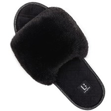 Women's Fuzzy Faux Fur Memory Foam Cozy Flat Spa Slide Slippers 5-6 Black
