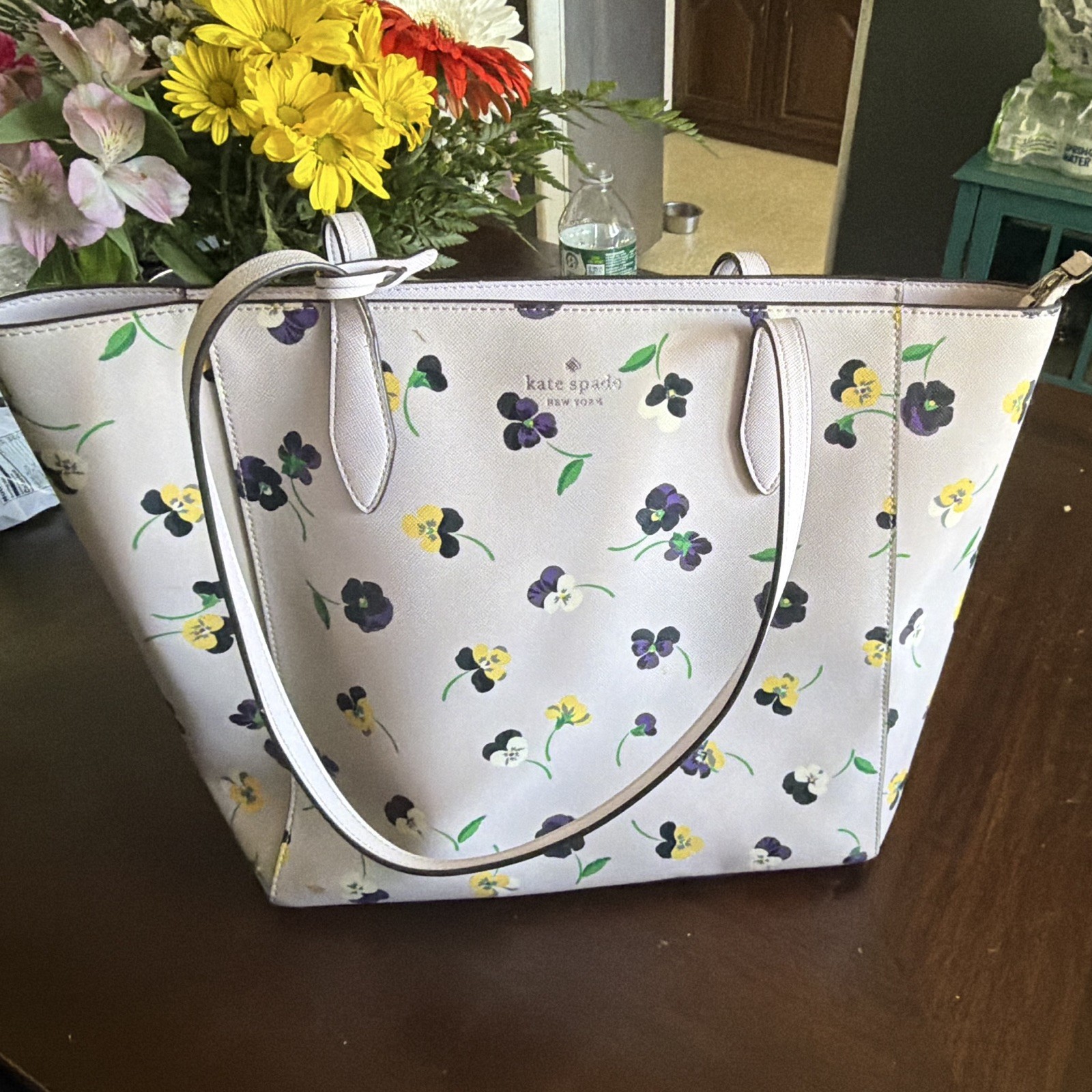 kate spade new york Large Floral Tote Light Purple Saffiano Lined Bag Charm